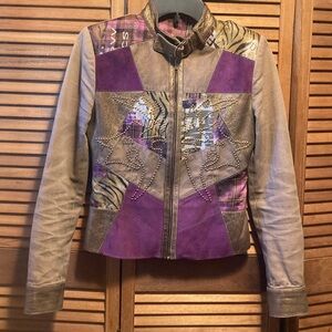 Balizza Purple Faux Suede, Bronze Faux Leather with Plaid & Animal Print Jacket